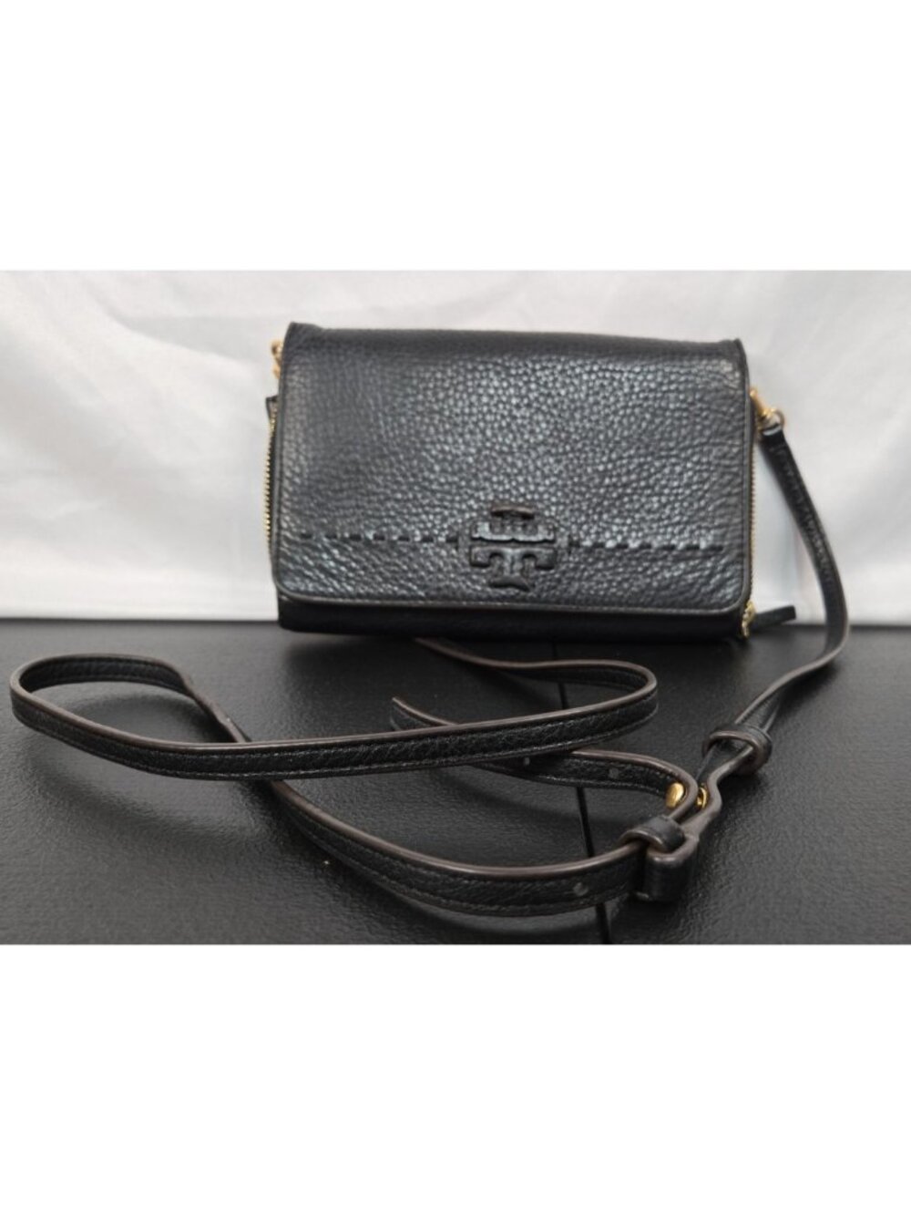 Tory Burch Thea Crossbody Bag/ Wallet Black Pebbled Leather